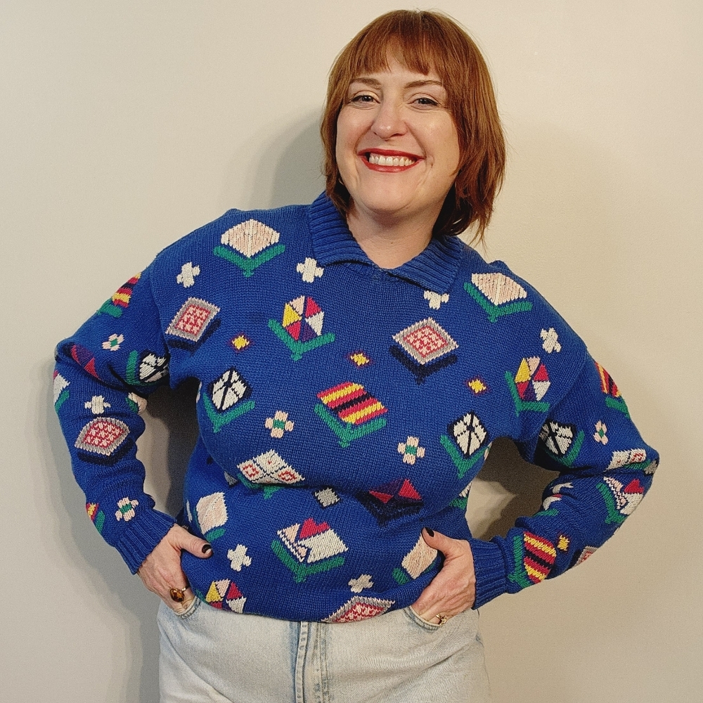 90s Eagle Eye Scandinavian Floral Pattern Collared Sweater